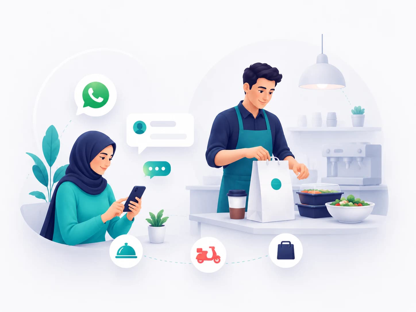 مشهد يوضح استقبال طلبات المطاعم والكافيهات عبر واتساب وتنظيم التحضير والتوصيل