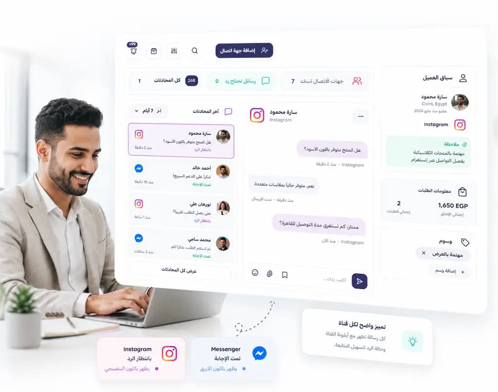 واجهة تعرض رسائل إنستجرام وماسنجر مع ألوان وأيقونات واضحة لكل قناة