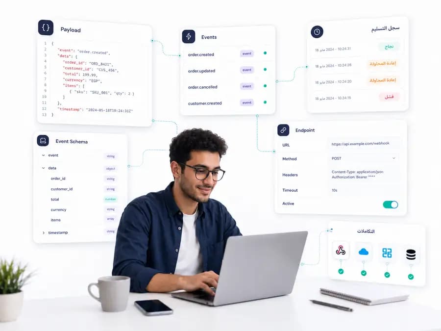لوحة مطور Webhook تعرض payload schema وقائمة events وسجل التسليم وإعداد endpoint والتكاملات